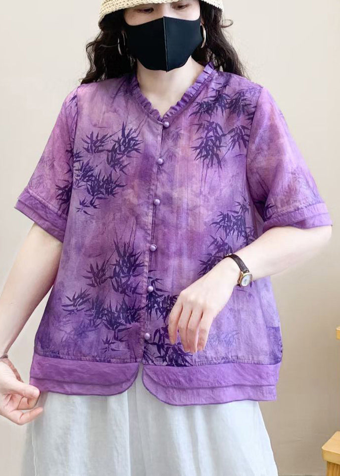 Organic Purple Print Patchwork Ruffled Linen Shirt Top Summer