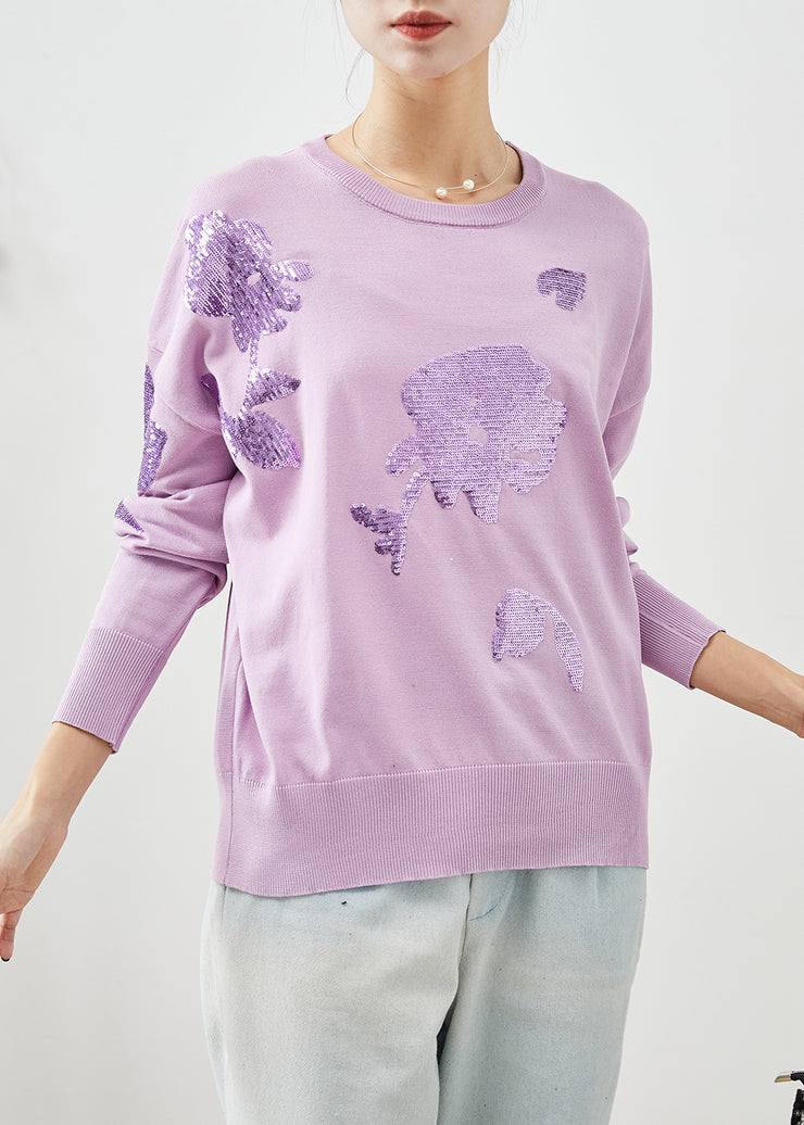 Organic Purple Sequins O-Neck Knit Sweater Winter