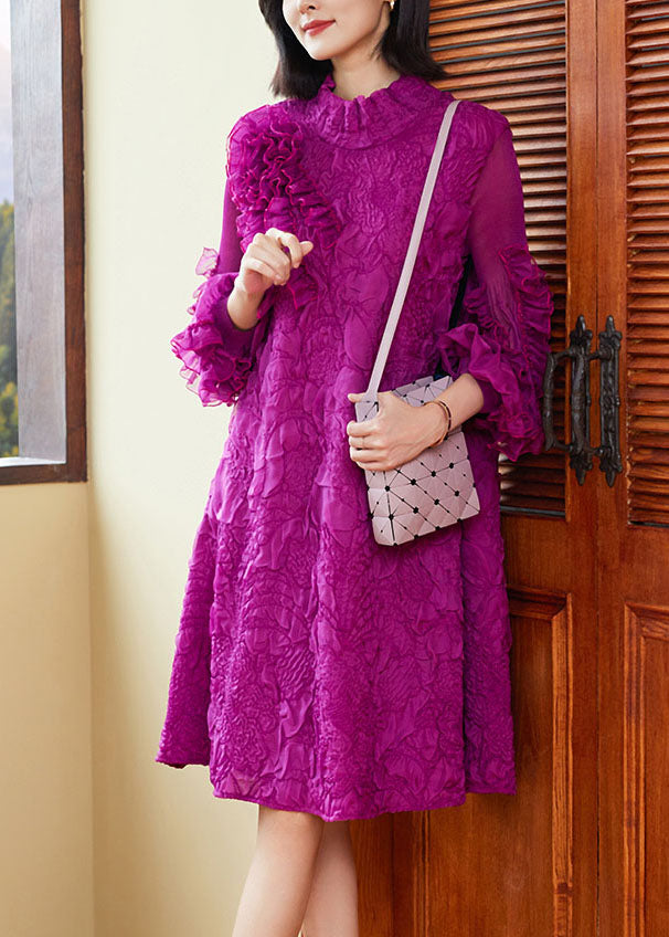 Organic Purple Stand Collar Ruffled Patchwork Wrinkled Maxi Dress Puff Sleeve
