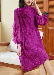 Organic Purple Stand Collar Ruffled Patchwork Wrinkled Maxi Dress Puff Sleeve