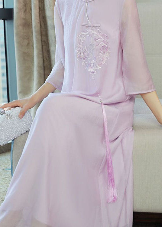 Organic Purple Tasseled Embroidered Patchwork Silk Dress Summer