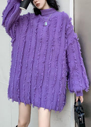 Organic Purple Turtle Neck Tasseled Cozy Knitted Tops Winter