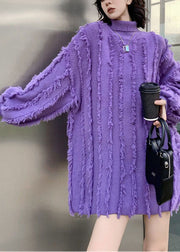Organic Purple Turtle Neck Tasseled Cozy Knitted Tops Winter