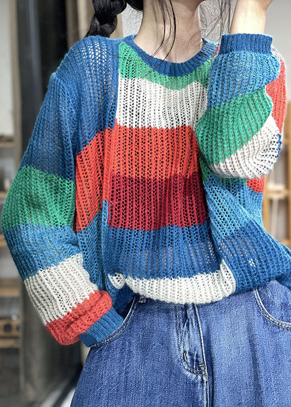Organic Rainbow Patchwork Loose Casual Herbst Strickpullover