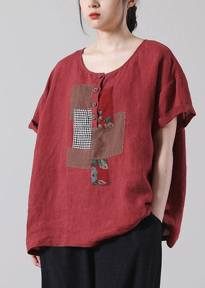 Organic Red Button Short Sleeve Cotton Linen Shirt Tops - SooLinen