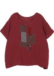 Organic Red Button Short Sleeve Cotton Linen Shirt Tops - SooLinen