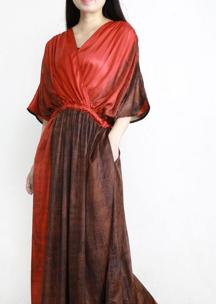 Organic Red Drawstring V Neck Silk Dress - SooLinen