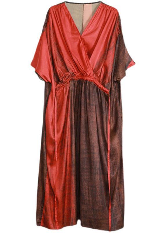 Organic Red Drawstring V Neck Silk Dress - SooLinen