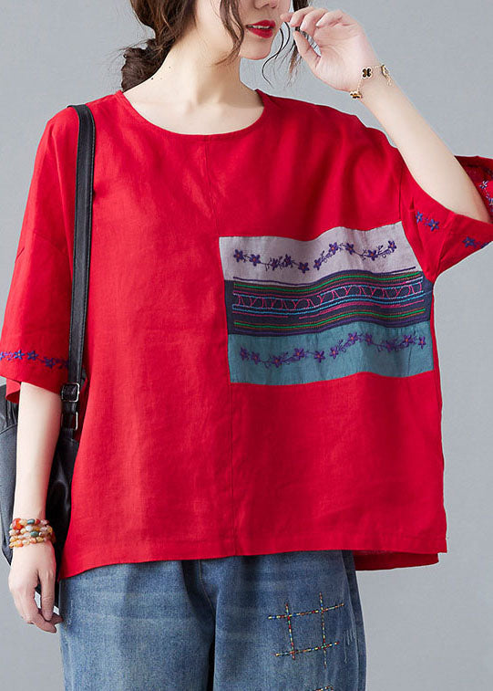 Organic Red Embroidered Patchwork Shirt Half Sleeve