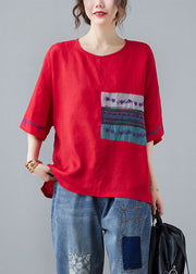Organic Red Embroidered Patchwork Shirt Half Sleeve