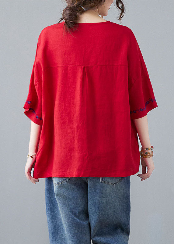 Organisches, rotes, besticktes Patchwork-Hemd mit halben Ärmeln