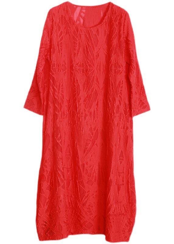 Organic Red Jacquard O-Neck Loose Silk Dress Summer - SooLinen