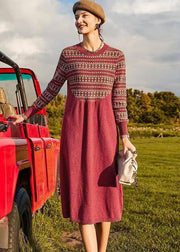 Organic Red O Neck Print Patchwork Woolen Dresses Winter