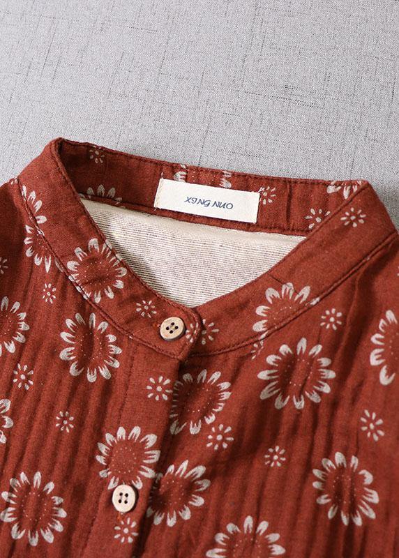 Organic Red Patchwork Pockets Button Fall Print Long sleeve Dress - SooLinen