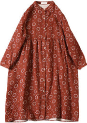Organic Red Patchwork Pockets Button Fall Print Long sleeve Dress - SooLinen