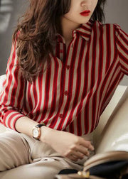 Organic Red Peter Pan Collar Striped Button Low High Design Chiffon Shirts Long Sleeve