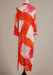 Organic Red Print flare sleeve Chiffon Dress Beach Gown - SooLinen
