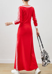 Organic Red Striped Side Open Cotton Long Dresses Spring