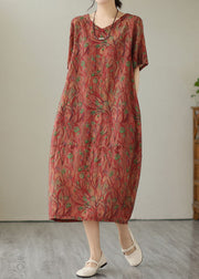Organic Red V Neck Print Patchwork Cotton Long Dresses Summer