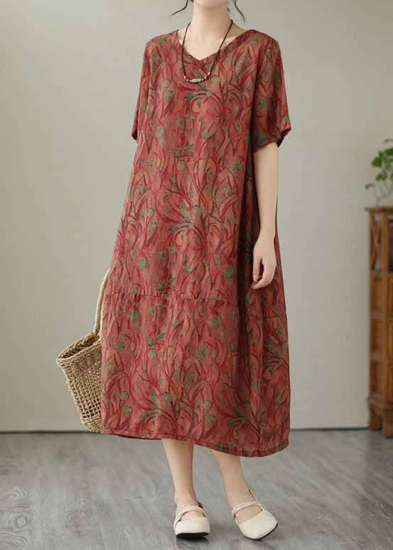 Organic Red V Neck Print Patchwork Cotton Long Dresses Summer