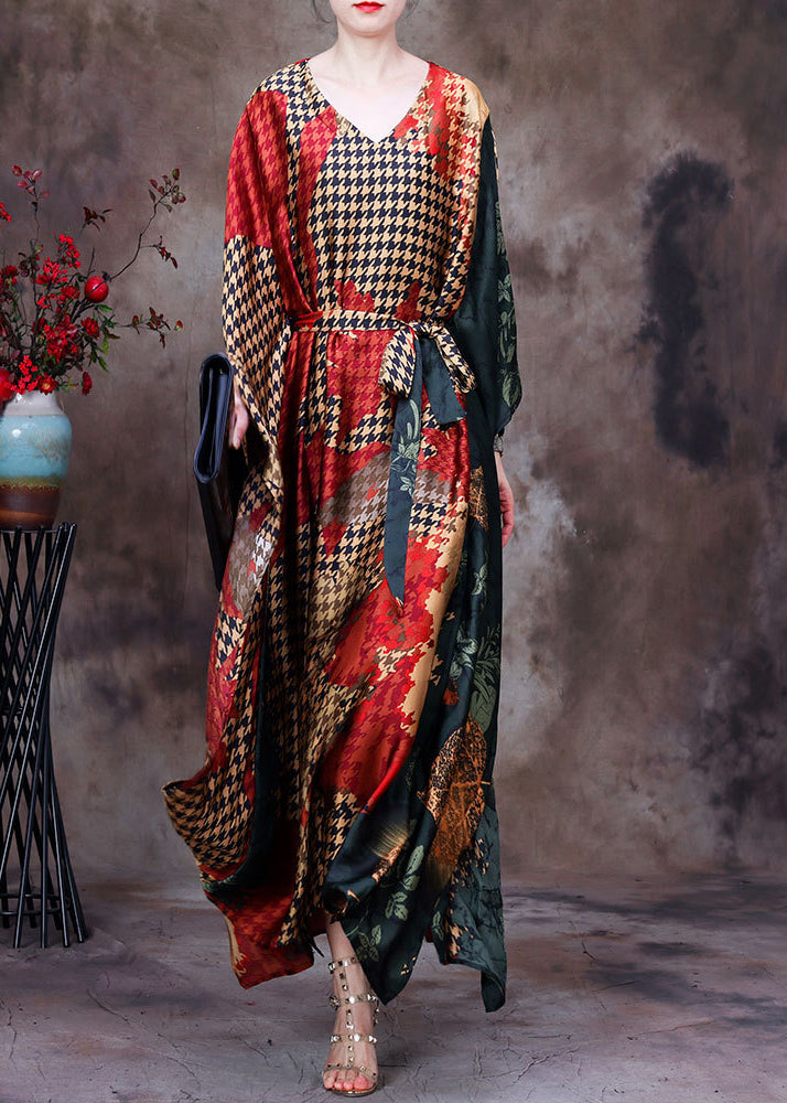 Organic Red Yellow Colour Patchwork V Neck Print Tie Waist Silk Vacation Dresses Batwing Sleeve
