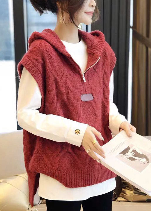 Organic Red hooded zippered Cute Fall Knit Vest