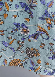 Organic Royal Blue Print O-Neck Cotton Linen Robe Dresses Summer - SooLinen