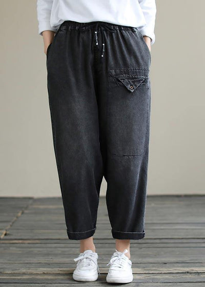 Organic Spring Casual Pants Denim Black Fabrics Cinched Pants - SooLinen