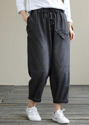 Organic Spring Casual Pants Denim Black Fabrics Cinched Pants - SooLinen