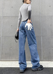 Organic Spring Wide Leg Pants Stylish Denim Blue Photography Hole High Waist Pants - SooLinen