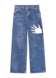 Organic Spring Wide Leg Pants Stylish Denim Blue Photography Hole High Waist Pants - SooLinen