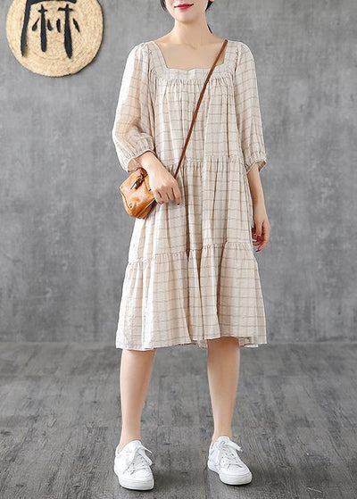 Organic Square Collar patchwork linen cotton clothes linen beige plaid Dresses - SooLinen