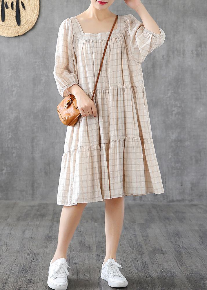 Organic Square Collar patchwork linen cotton clothes linen beige plaid Dresses - SooLinen