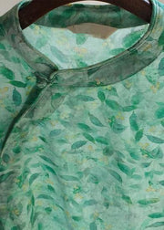 Organic Stand Collar Pockets Tunics Work Outfits Green Leaves Robe Dress - SooLinen