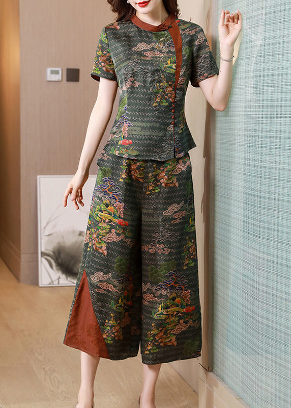 Organic Tea Green Stand Collar Patchwork Print Slim Fit Silk Two Pieces Set Summer