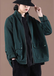 Organic Tea Green Zip Up Stand Collar Short Coats - SooLinen