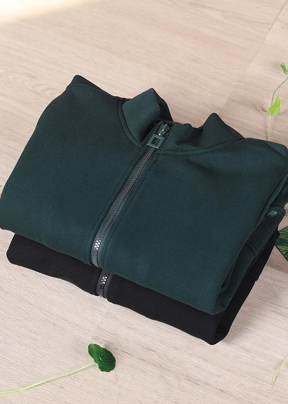 Organic Tea Green Zip Up Stand Collar Short Coats - SooLinen