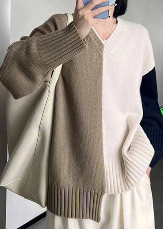Organic V Neck Asymmetrical Patchwork Thick Knit Sweater Fall