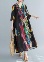 Organic V Neck Cinched Spring Tunics Print Plus Size Dresses - SooLinen