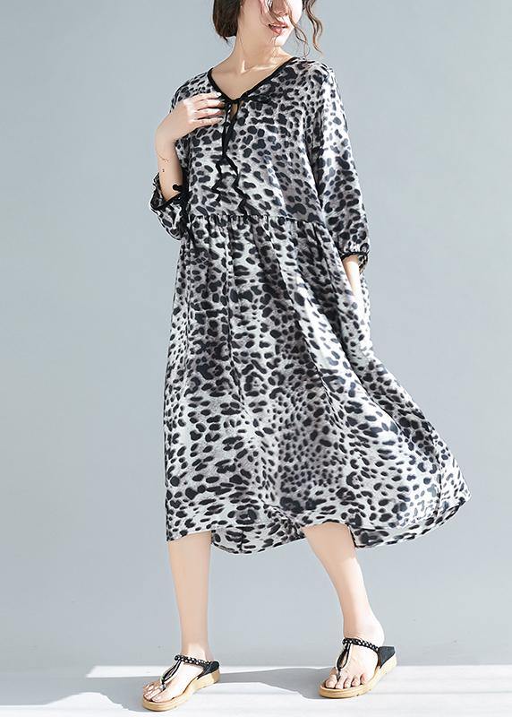 Organic V Neck Half Sleeve Lnspiration Gray Leopard A Line Dresses - SooLinen