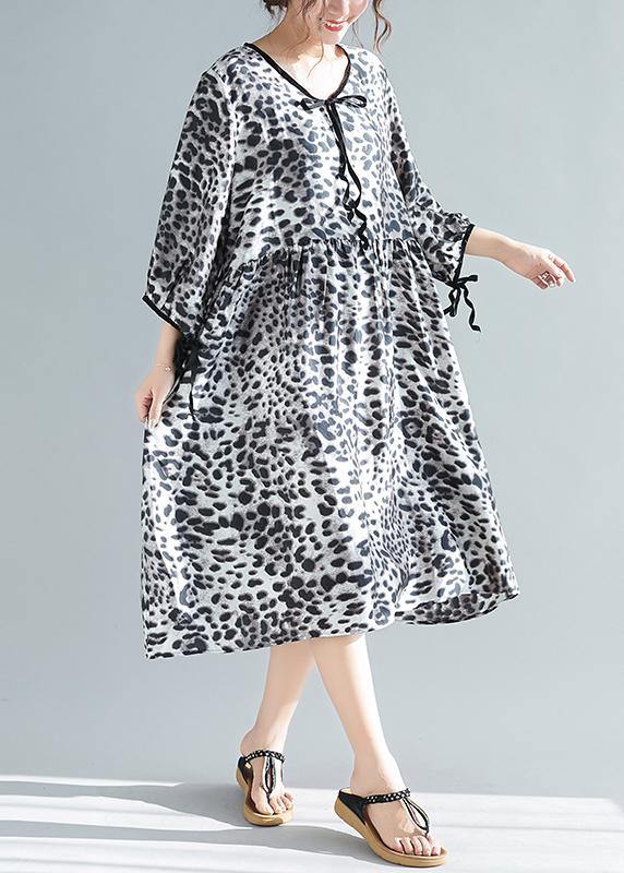 Organic V Neck Half Sleeve Lnspiration Gray Leopard A Line Dresses - SooLinen