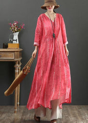 Organic V Neck large hem Spring Tunic Dress Red Loose Dress - SooLinen