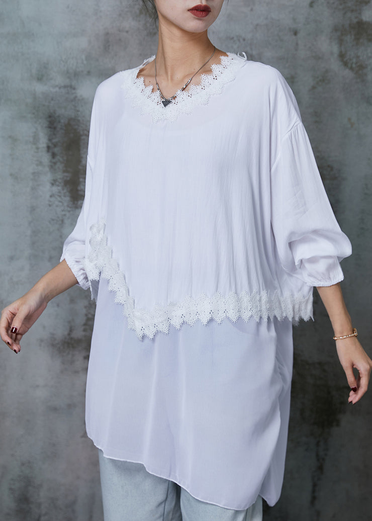Organic White Asymmetrical Patchwork Lace Cotton Shirt Top Spring