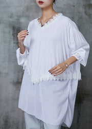 Organic White Asymmetrical Patchwork Lace Cotton Shirt Top Spring