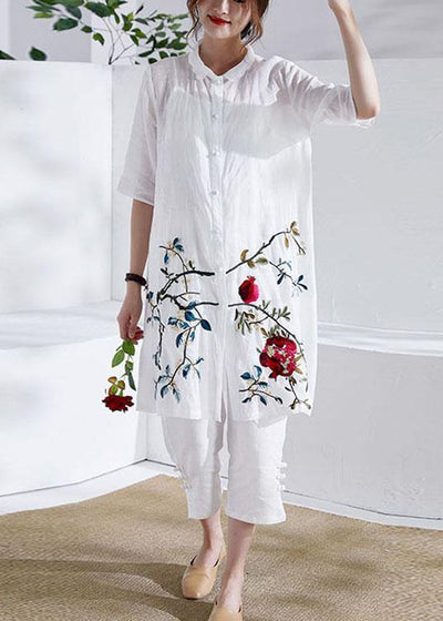 Organic White Button Embroideried Summer Ramie Loose Coat Half Sleeve - SooLinen