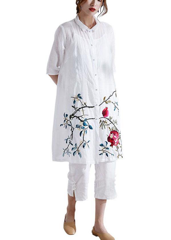 Organic White Button Embroideried Summer Ramie Loose Coat Half Sleeve - SooLinen