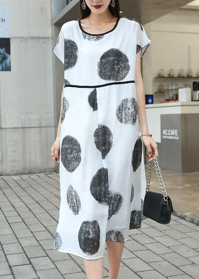 Organic White Dot Loose Patchwork Summer Dress Short Sleeve - SooLinen