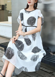Organic White Dot Loose Patchwork Summer Dress Short Sleeve - SooLinen