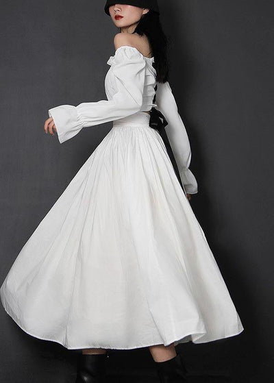 Organic White High Waist Cinched Patchwork Summer Cotton Skirts - SooLinen