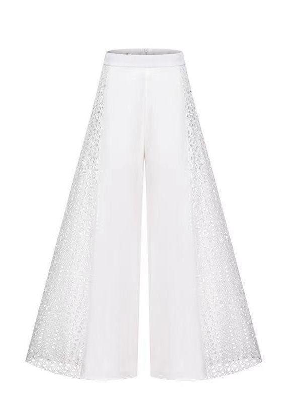 Organic White Hollow Out High Waist Lace Patchwork Chiffon Wide Leg Pants Spring